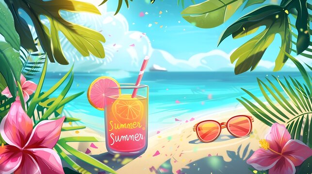 Tropical Beach Summer Vibes with Refreshing Cocktail and Sunglasses