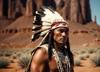 Portrait of a native american navajo warrior in a new mexico desert landscape - obrazy, fototapety, plakaty