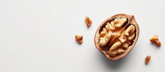 Obraz premium A close-up view of a half-eaten walnut resting on a pristine white surface. The walnut shell is cracked open, revealing the nut inside.