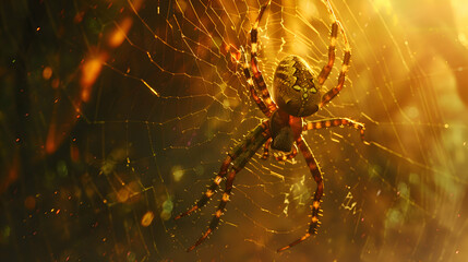 The mesmerizing sight of a Garden tiger spider suspended mid-air on its intricate web, its vibrant markings contrasting against the ethereal glow of dawn's first light