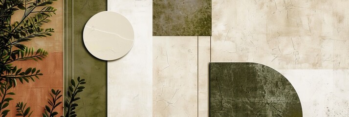 Contemporary wall art featuring assorted dried plants on varied pastel backdrops, moodboard, olive beige collage, banner, decoration, interior, abstract art