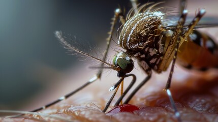 A tiger mosquito sits on a person's skin and bites him, close up, macro, blood is visible,  concept Mosquito-borne disease, Medicines against bites., Allergy, 