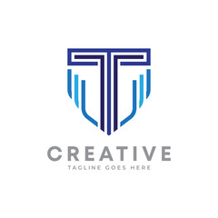Creative shield shape letter T line art Logo