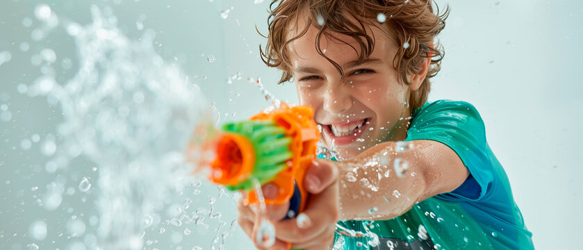 Boy with a water pistol, child playing with a toy