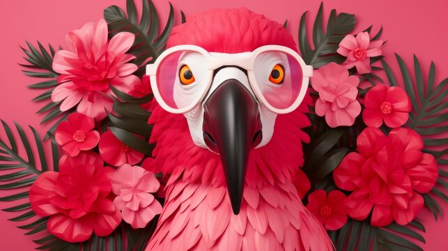 Stylized parrot head with glasses on exotic floral pattern background in tropical colors