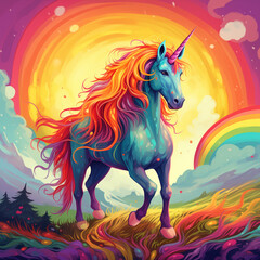 Obraz na płótnie Canvas Rainbow unicorn with rainbow mane. Generative AI