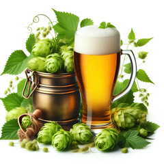 hop herb and beer glass isolated on white background