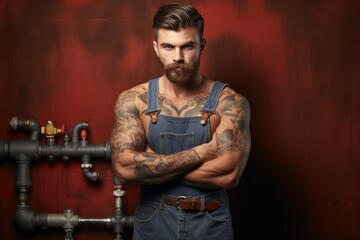 Radiant with expertise, a smiling plumber confidently showcases his tools, ready to tackle any plumbing task with skill and charm. Generative AI.