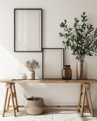 Scandinavian Home Interior with Frames and Vases on Retro Table. Modern Living Room Design with Blank Wall and Copy Space.