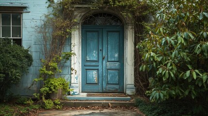 Fototapeta na wymiar American Dream: Beautiful Country Home with Blue Door and Brick Pathway