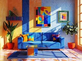 Contemporary Living Room with Blue Sofa and Abstract Geometric Decor
