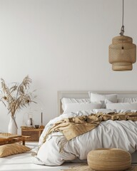 Coastal Style Bedroom Interior Mockup with Rattan Furniture and Blank Wall