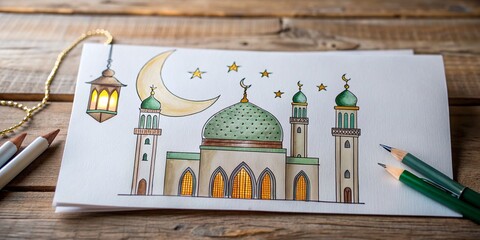 Hand-drawn greeting card islamic holiday banner suitable for Ramadan, Raya Hari, Eid al-Adha and Mawlid. Attributes of a mosque, a crescent and a lit lantern

