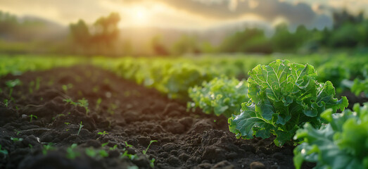 A green fresh lettuce is growing in the soil on the field. Harvesting grown vegetables and agriculture concept.