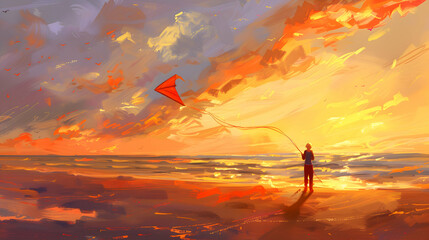 The vibrant colors of a kite soaring high above the sparkling ocean waves as a man basks in the warmth of the sun on a sandy shore