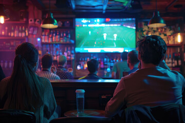 Group of Football Fans Watching a Live Match Broadcast in a Sports Pub on TV, support their favorite team
