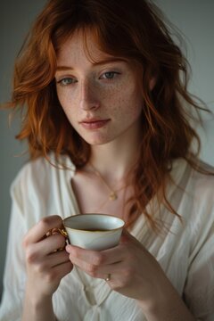 Portrait of a red-haired girl with a cup of coffee.