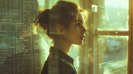 Young Woman Contemplating near Window with Sunlight Casting Shadows on Face and Transparent Charts