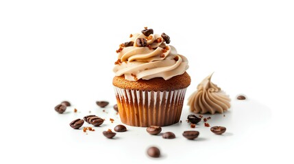Cupcake with whipped cream and coffee beans on white background.
