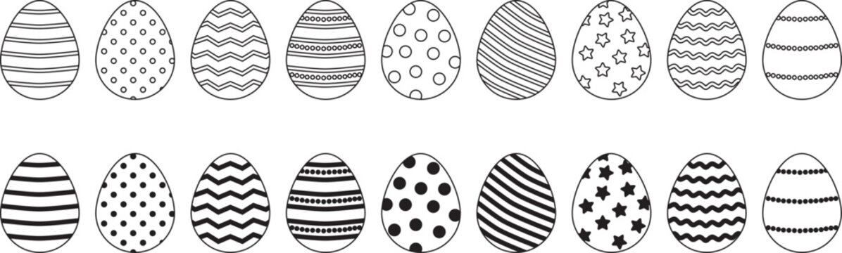 Easter egg line art, decoration doodle set, spring symbol outline design. Cute black and white holiday vector illustration