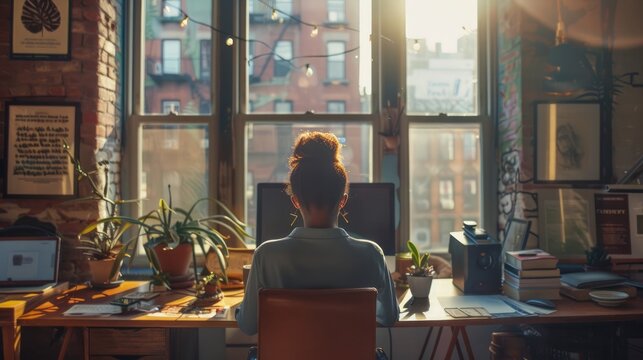 Female Professional Working on Computer in Cozy Home Office During Golden Hour, Backlit Image with City View