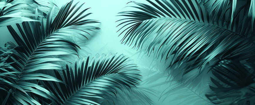 Tropical Palm Leaves: A Beautiful Abstract Silhouette with Exotic Foliage and Lush Green Leaves, Creating a Trendy Floral Pattern on a Blue Background.
