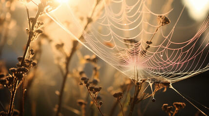 spider web between faded flower stems backlit early morning light - obrazy, fototapety, plakaty
