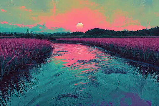 Colorful Summer Sunset: A Serene Nature Landscape with a Bright Sun Reflecting on a Calm Lake