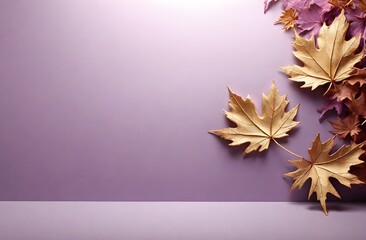 Naklejka na ściany i meble A light purple design background with dry maple leaf, AI generated