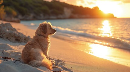 Na zdjęciu widać psa siedzącego na plaży podczas zachodu słońca. - obrazy, fototapety, plakaty