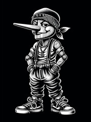 Enigmatic Wooden Puppet Character in Bandana and Sneakers, Dotwork Vector Art