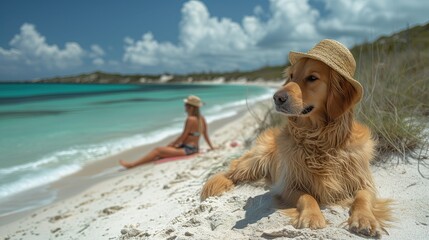 Na obrazie widać psa, który siedzi na plaży obok kobiety, oboje w czapkach słomianych na lato