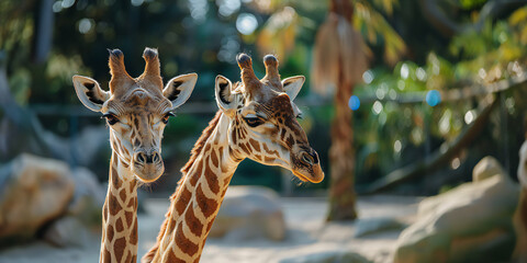 Obraz premium Beautiful giraffes on safari in their natural environment. Wildlife concept banner.