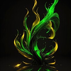 Abstract Green and golden 3d flame of fire on Dark background
