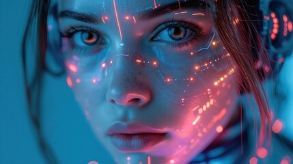 Na zdjęciu ukazuje się twarz kobiety otoczona świetlistymi punktami z cyberpunkowego świata przyszłości - obrazy, fototapety, plakaty