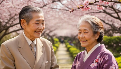 An elderly couple enjoys a moment of joy, surrounded by the delicate blush of cherry blossoms.  They stand in a serene park, celebrating the essence of spring and unity.