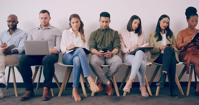 Group, business people and waiting room for hiring, recruitment or career opportunity. Tech, professional and hr line for job search in human resources, employment interview book and office meeting