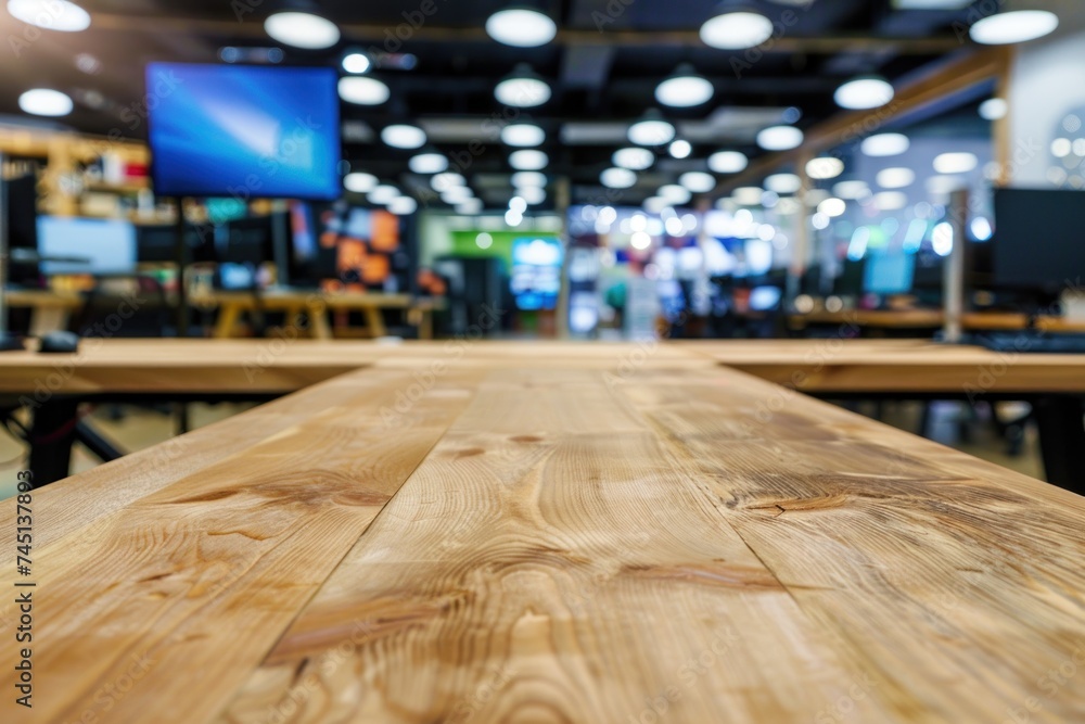 Poster empty wood table with blurred computer shop background