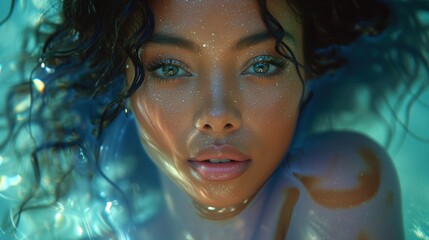 Obraz premium Piękna czarnoskóra kobieta w makijażu wynurza głowę z wody
