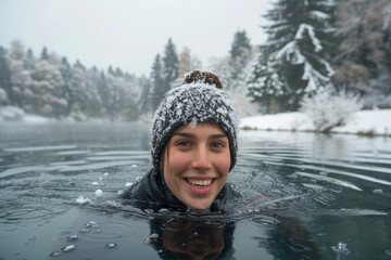 happy adult woman swim in the lake in middle of beautiful natural winter snowy landscape, healthy life concept