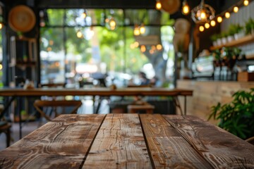 Empty wood table with blurred coffee shop background 