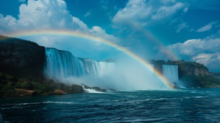 Delicate rainbows arch over thundering waterfalls, a breathtaking union of power and beauty.
