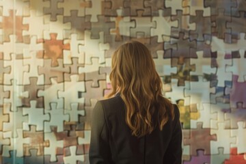 businesswoman watching,big puzzle on wall