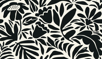 Abstract shape leaf and flower organic seamless pattern. black floral leaves geometric pattern on white background. leaves silhouette summer pattern modern vector style. - obrazy, fototapety, plakaty
