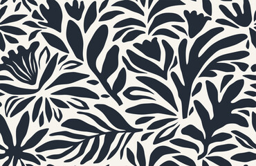Seamless pattern of abstract leaves and flower. back floral leaf shape organic on white background. black silhouette botanical african style.