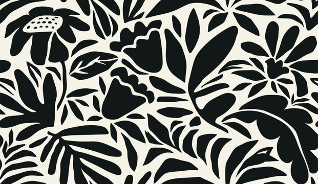 Abstract shape leaf and flower organic seamless pattern. black floral leaves geometric pattern on white background. leaves silhouette summer pattern modern vector style.