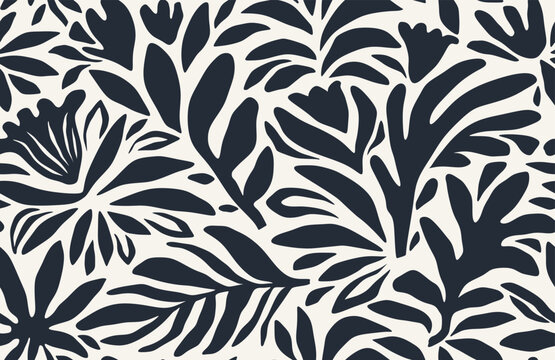 Fototapeta Seamless pattern of abstract leaves and flower. back floral leaf shape organic on white background. black silhouette botanical african style.