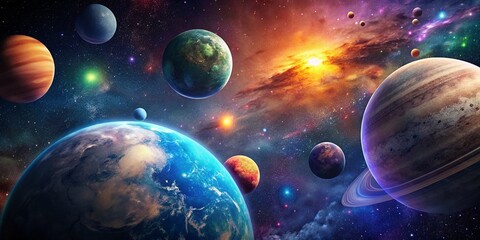 A realistic depiction of a cluster of bright, colorful and animated planets.