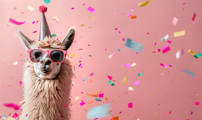 Funny pink llama alpaca in sunglasses and birthday cap with confetti flying all around on pastel pink background. Birthday card concept.