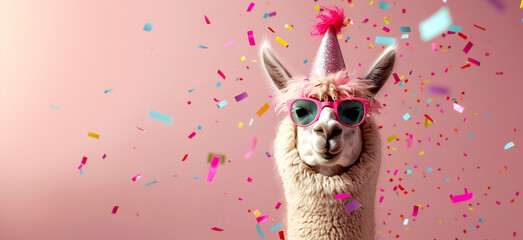 Fototapeta premium Funny pink llama alpaca in sunglasses and birthday cap with confetti flying all around on pastel pink background. Birthday card concept.